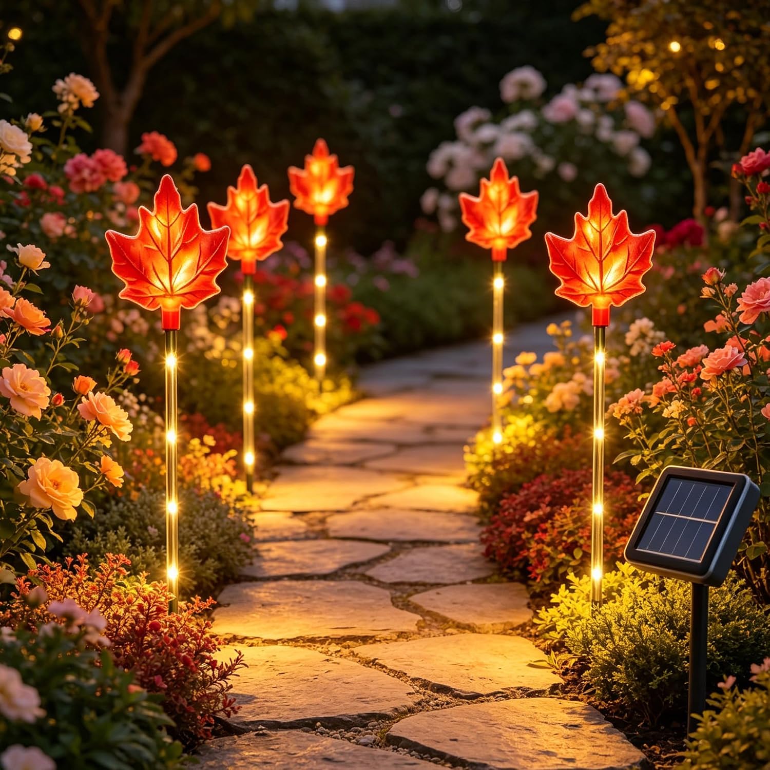 Solar Fall Pathway Lights - 6 Pack Outdoor Path Maple Leaf Light, 8 Lighting Modes, Waterproof Garden Stake Lights for Autumn, Thanksgiving, Halloween, Landscae Decor