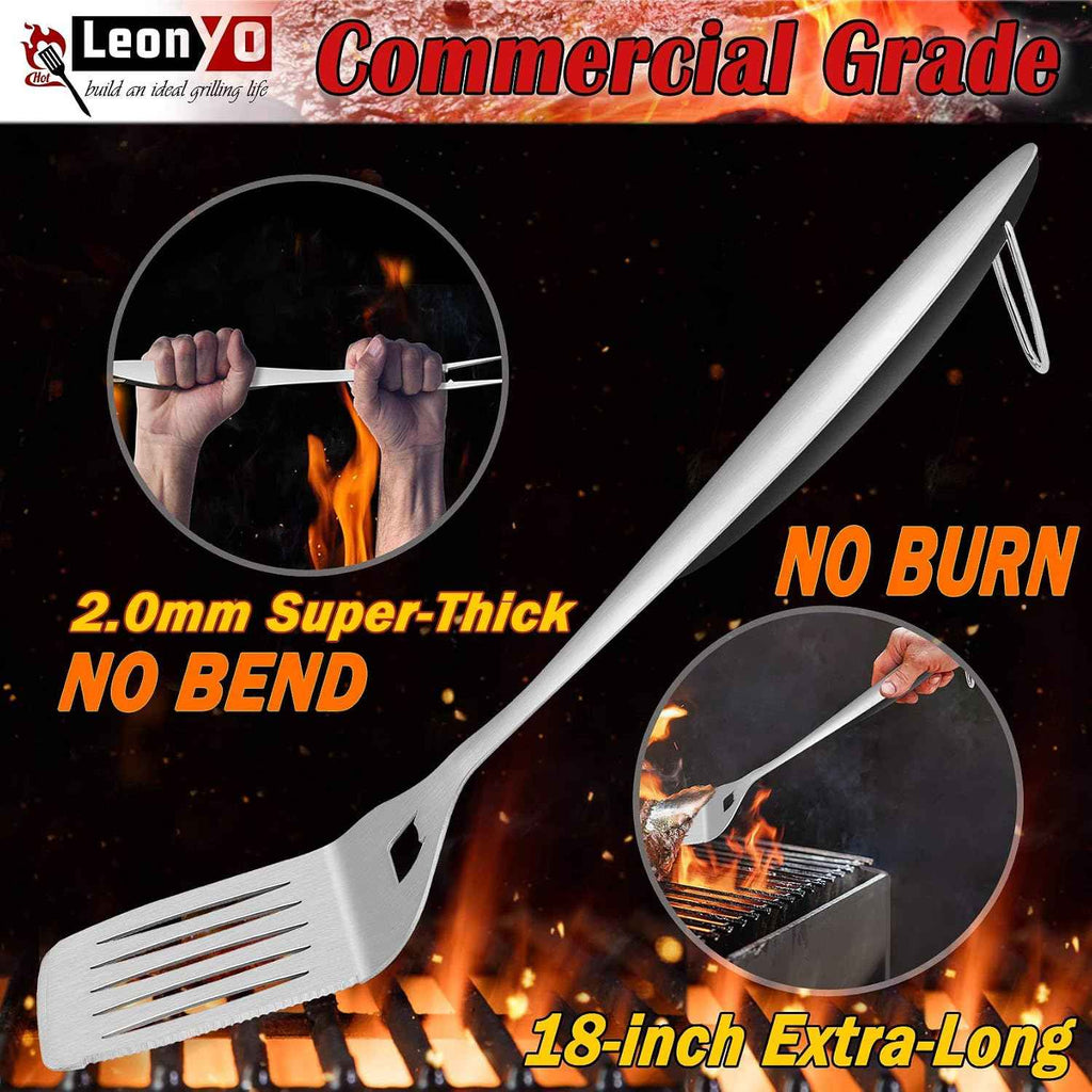 Leonyo Metal Barbecue Grilling Tools for Outdoor Grill Set of 6 | Stainless Steel 18IN Long Grilling Tools Grilling Accessories with Spatula Tongs Fork Basting/Cleaning Brushs