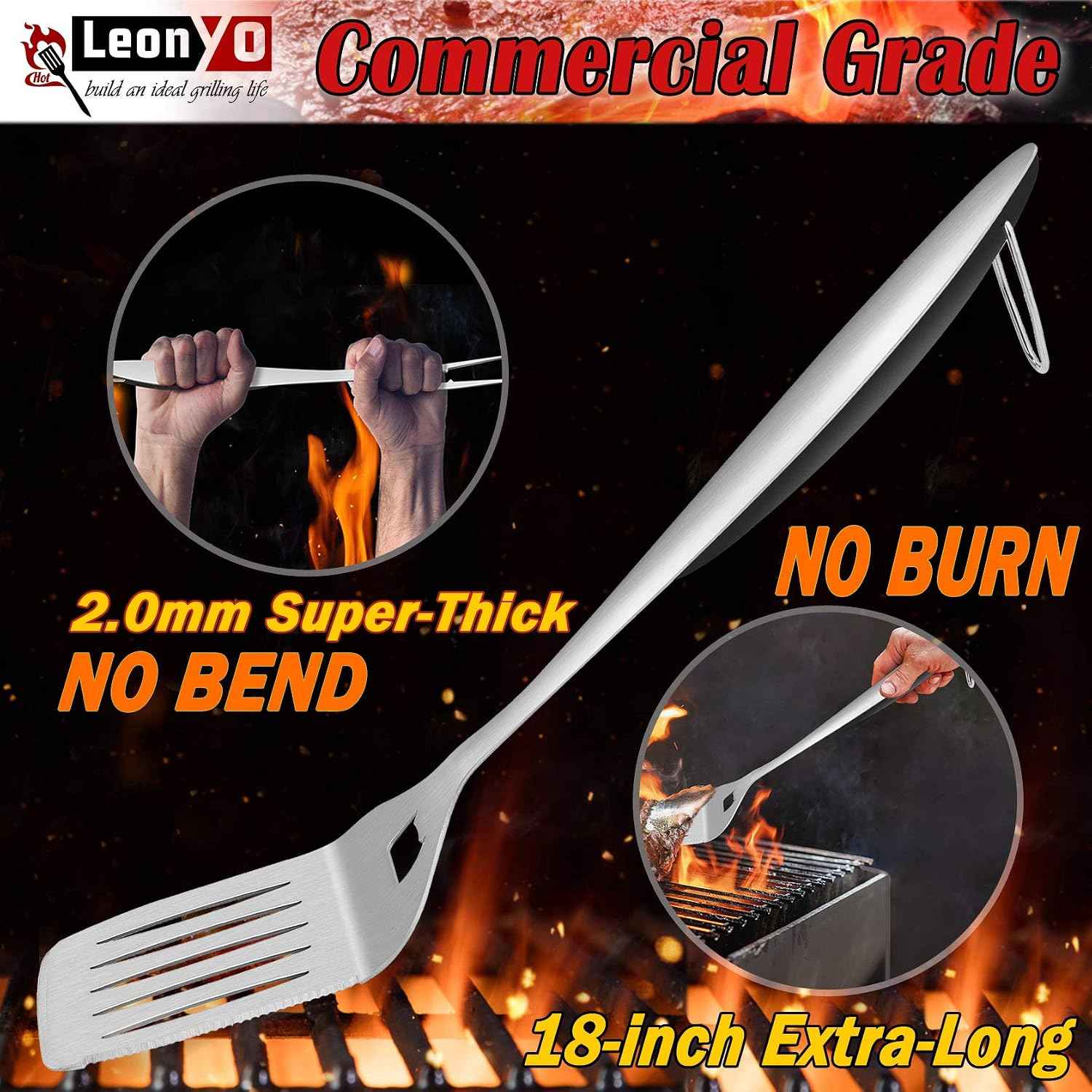 Leonyo Metal Barbecue Grilling Tools for Outdoor Grill Set of 6 | Stainless Steel 18IN Long Grilling Tools Grilling Accessories with Spatula Tongs Fork Basting/Cleaning Brushs