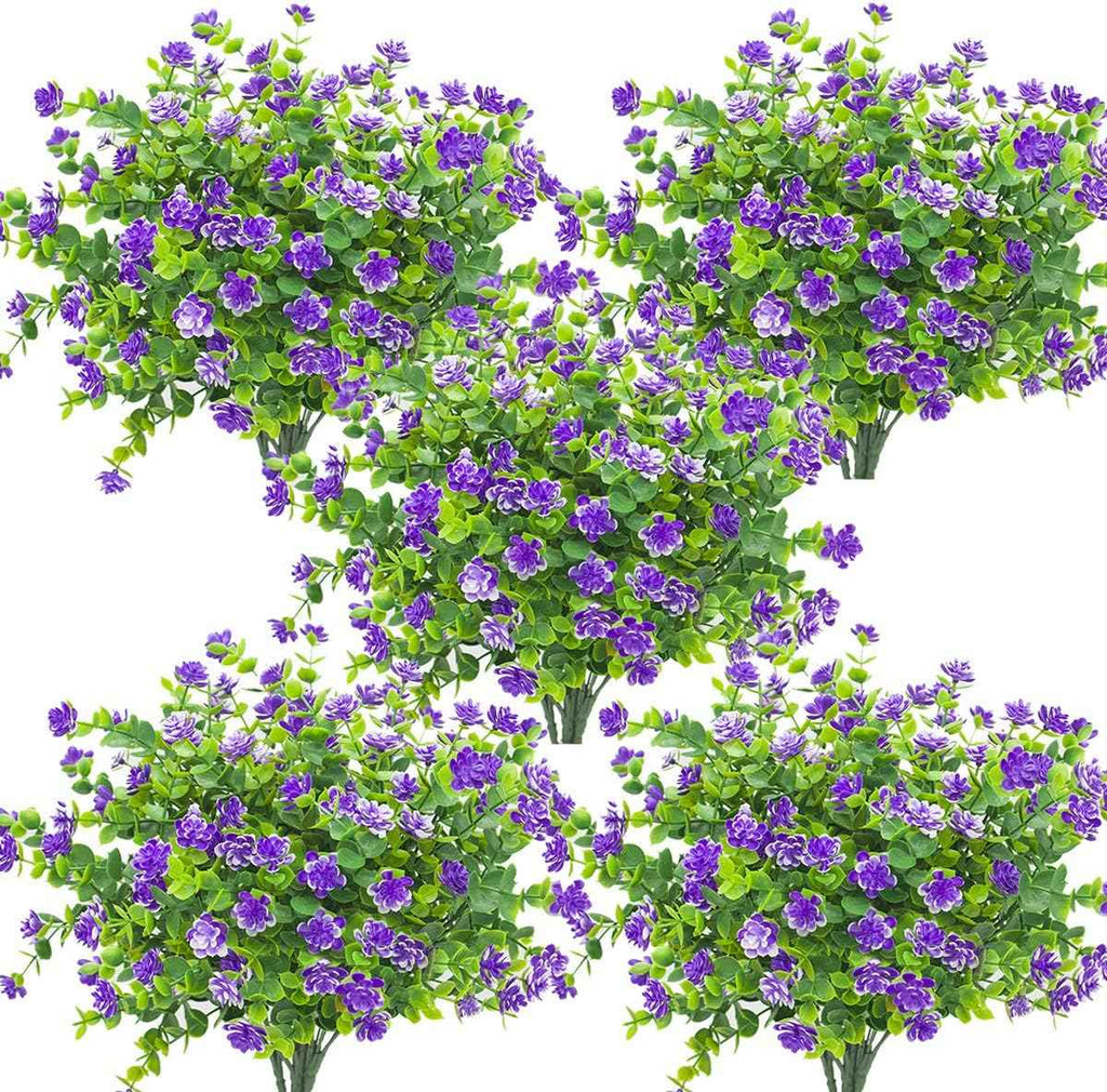Grunyia 10 Bundles Artificial Fake Flowers, Faux Outdoor Plastic Plants UV Resistant Shrubs Outside Indoor Decorations (Blue-Eucalyptus)