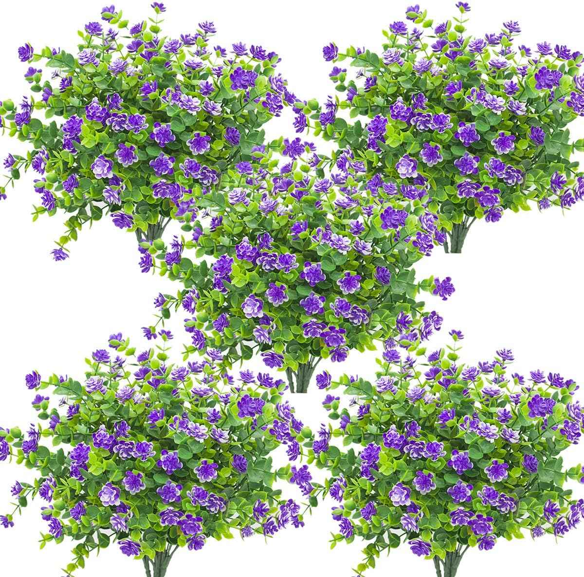 Grunyia 10 Bundles Artificial Fake Flowers, Faux Outdoor Plastic Plants UV Resistant Shrubs Outside Indoor Decorations (Blue-Eucalyptus)