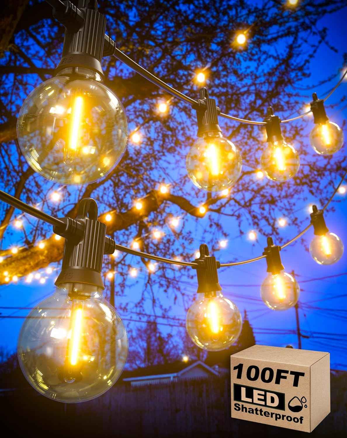 Zuske Outdoor String Lights, 100FT Patio Lights with 53 Shatterproof G40 Globe Bulb(3 Spare), Waterproof Connectable Dimmable LED Hanging Lights for Outside Backyard Porch Balcony Gazebo (2x50FT)