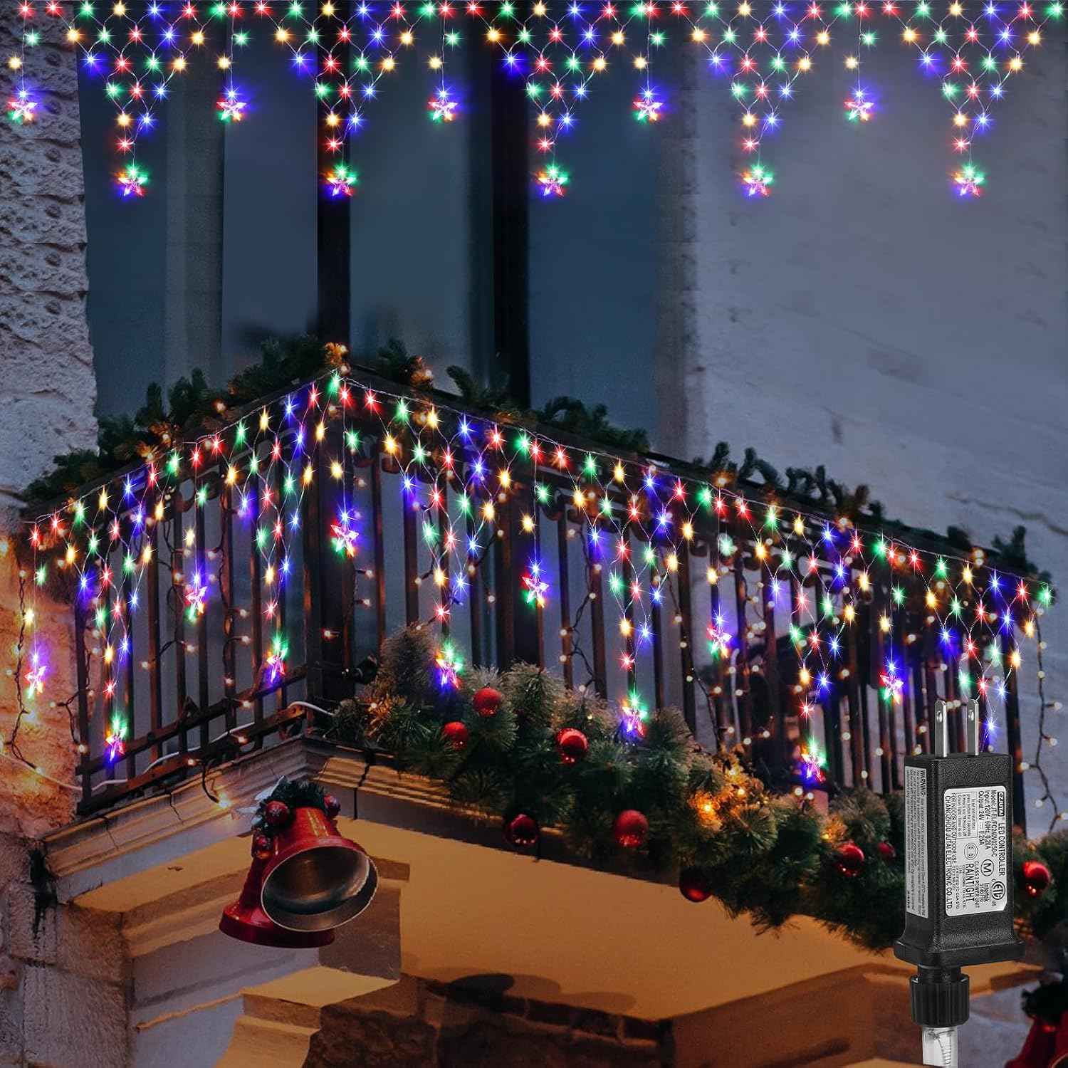 Christmas Lights Outdoor Decorations 218 LED 13.8ft Curtain Fairy Lights with 11 Drops, LED String Light Decor with 8 Modes for Party Holiday Christmas Home Indoor Outdoor Decor Star Multicolor