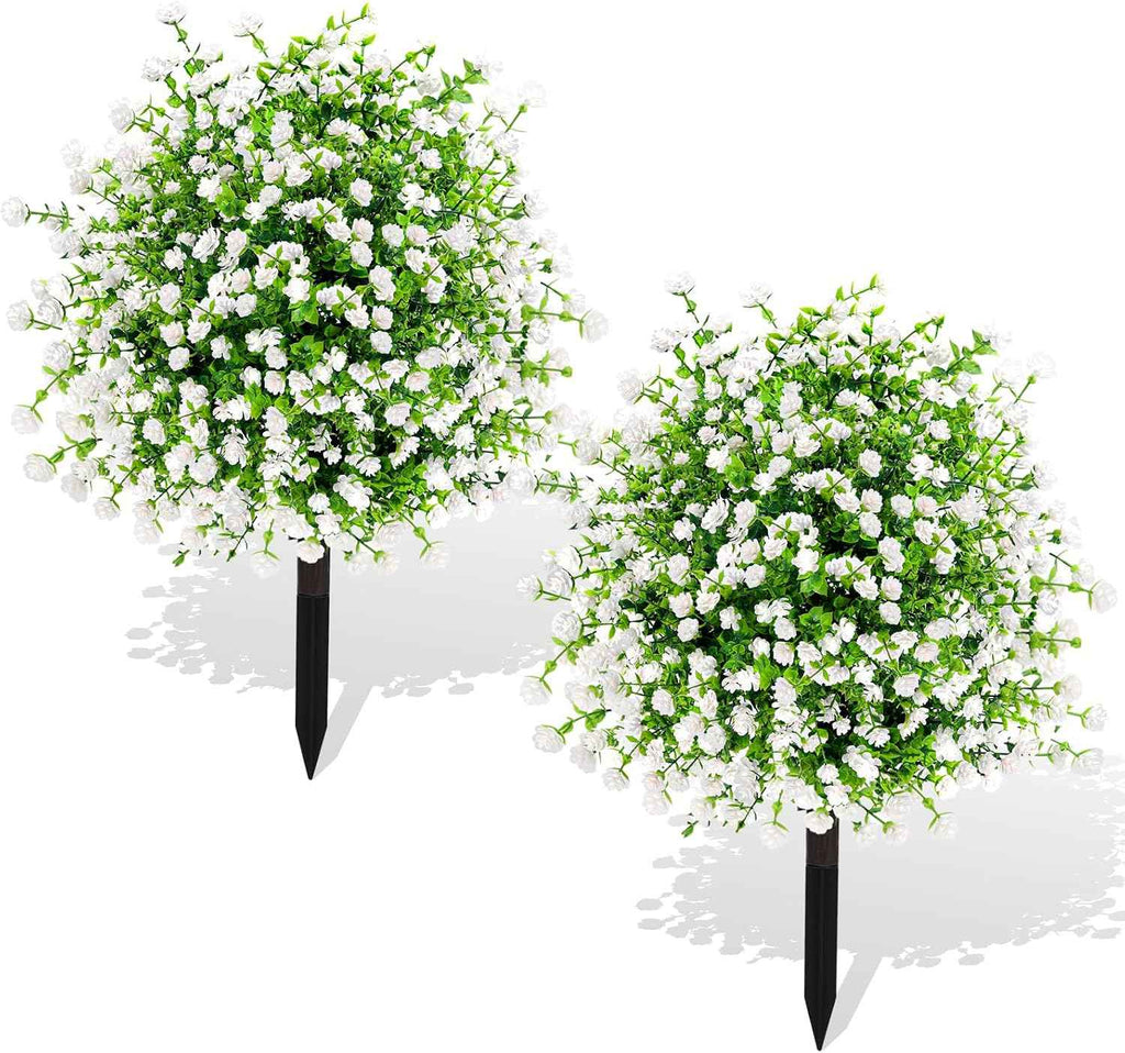 ENVEN White Artificial Flowers for Outdoors, 2 Pack | UV Resistant | 63-Stem Fake Greenery Bushes with Ground Stakes for Garden, Porch, Patio Decor (White Green)