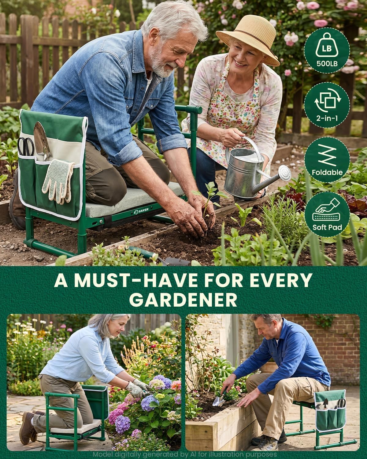 Saker 2026 Upgraded Garden Kneeler and Seat with 500LB Frame & Soft Pad | Foldable Stool, Heavy-Duty Steel, Comfortable Kneeling, Support for Elderly Gardening & Weeding(Basic Version)