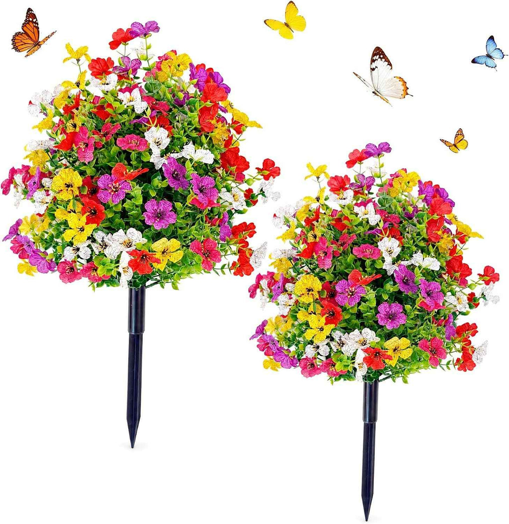 2 Pack Artificial Boxwood Topiary Ball Tree with Violet Flowers, 23.6" UV Resistant Faux Greenery Shrubs Plants with Ground Spike for Outdoors, Fake Bushes for Garden Front Porch Yard Decor