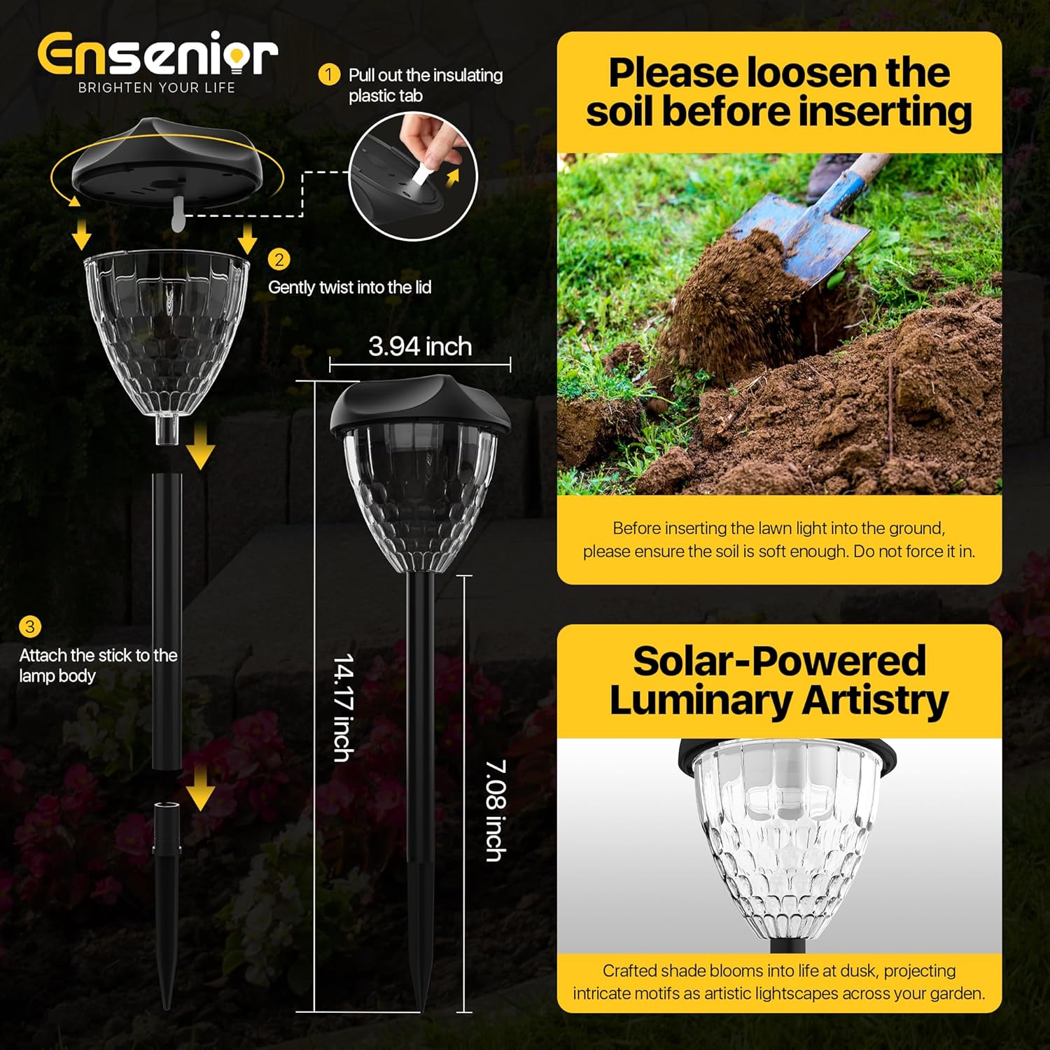 Ensenior Solar Pathway Lights Outdoor 8 Pack, 6500K LED Garden Yard Lights | IP65 waterproof landscape lighting, tool-free auto ON/OFF, yard, patio, walkway & planter, 14.17" height