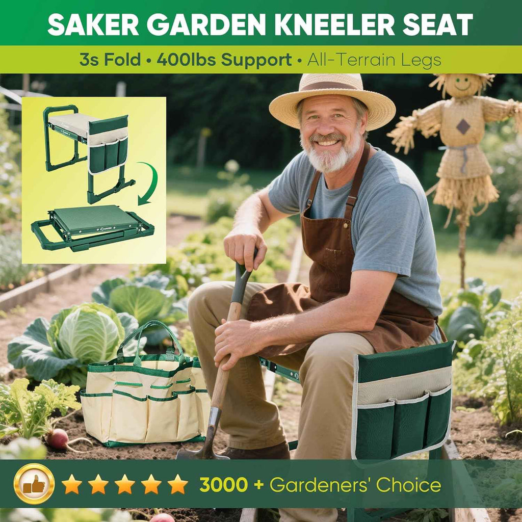 Saker Garden Kneeler and Seat Foldable Gardening Stool with Extendable Legs | Thickened Pad Tool/Storage Bag , Heavy Duty 400lbs Support for Elderly, Gardening, Outdoor Use