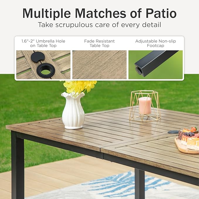 PHI VILLA 7 Pieces Outdoor Set for 6, 65” Wood-Like Metal Steel Dining Table & - Image 6