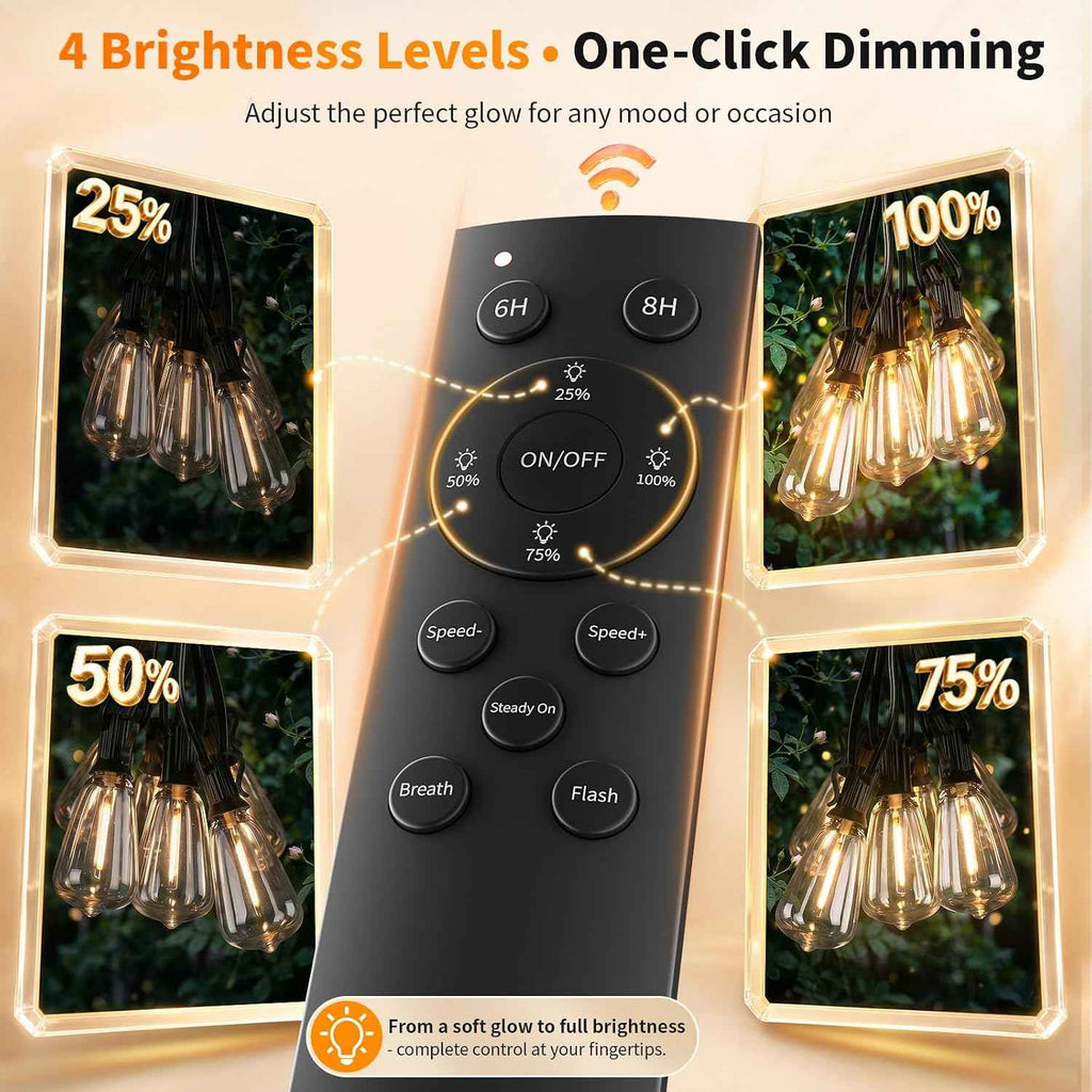 Hotsonic Remote Control Outdoor String Lights Waterproof, 50FT LED Outside Lights with Shatterproof Bulbs, Dimmable Hanging Lights 3 Modes for Patio Porch Garden Pergola Yard House Bistro Party Decors