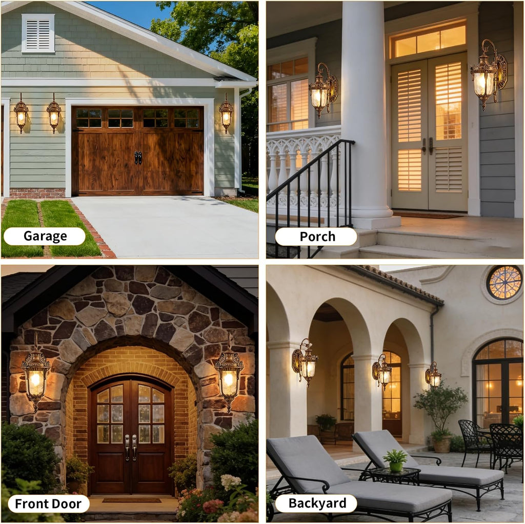Vintage Gold Outdoor Wall Light Fixtures 17" Outside Wall Lantern Waterproof Exterior Porch Lights with Hammered Glass Shade Wall Sconce Light for House Front Door Garage Doorway Yard