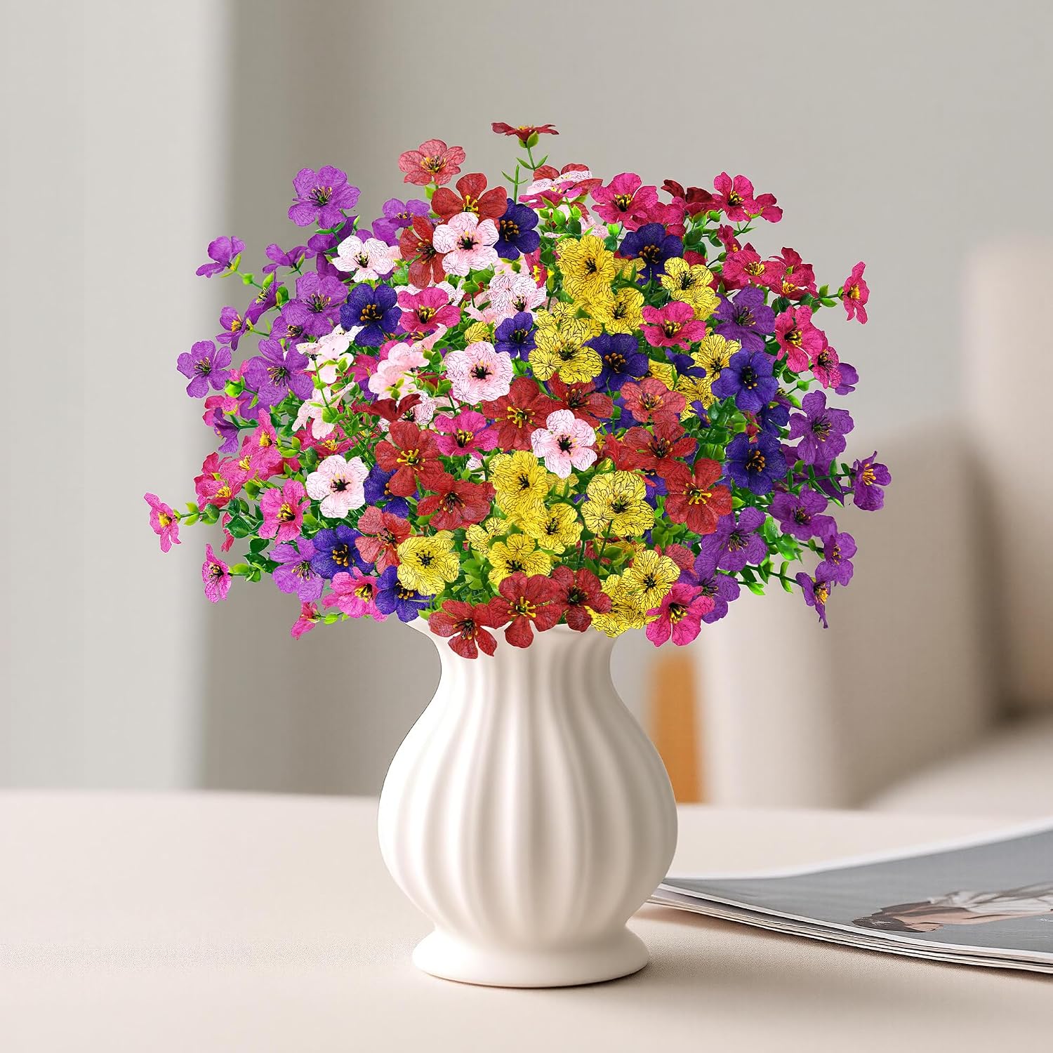 Artificial Faux Flowers Plants for Outdoors Outside Spring Summer Decoration,12 Bundles Silk Daisy Realistic Fake Flowers Plant Greenery UV Resistant for Planters Porch Patio Garden Home(6 Multicolor)