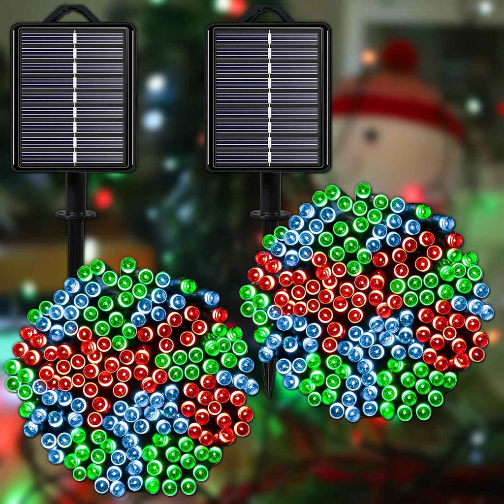 Solar Christmas String Lights, Red White Green 200Led, Outdoor | 2 Pack Total 400Led 144Ft 8 Mode, IP44 Waterproof Outside Fairy Lights for Tree, Garden, Patio, Lawn, Party, Yard Decorations