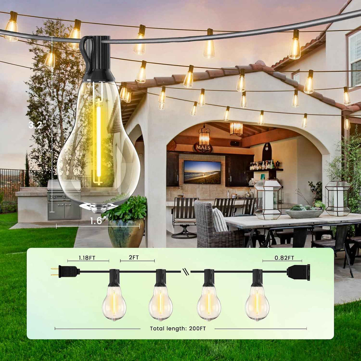 200FT Outdoor Lights with 106 Shatterproof Bulbs(6 Spare), IP45 Waterproof Outside String Lights, Patio String Lights Hanging for Party, Yard, Porch, Bistro, 2200K Adjustable Warm White Light