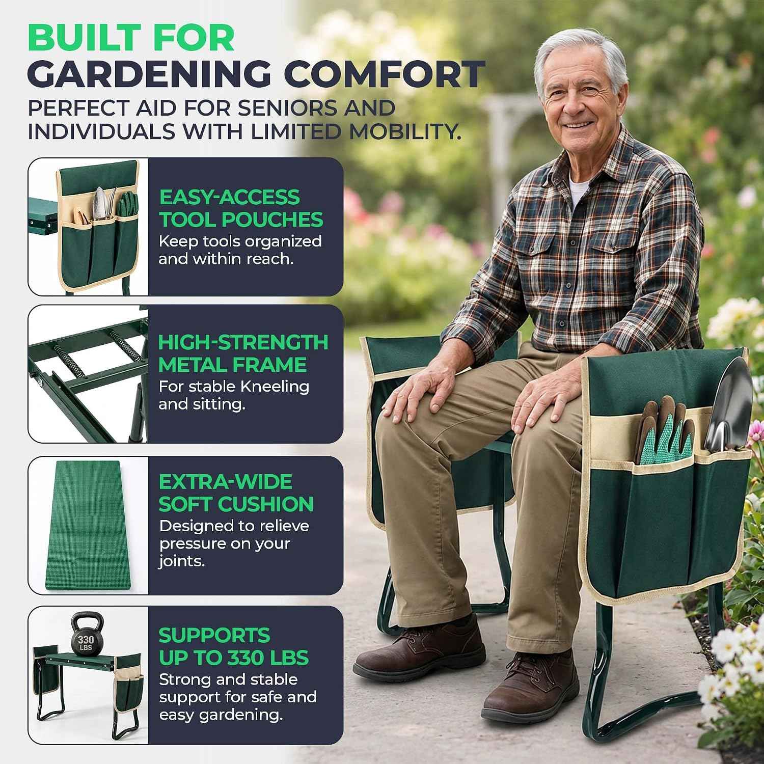 Flora Foldable Garden Kneeler and Seat – Heavy Duty Gardening Bench with Extra-Wide Soft Pad & 2 Tool Pouches – Durable Steel Frame Supports 330lbs, Perfect Gardening Gifts for Seniors, Women & Men