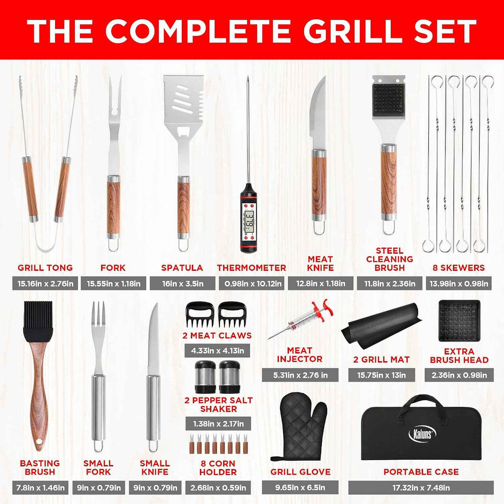 Kaluns 35PC BBQ Grill Tools Set – Heavy Duty Stainless Steel Grill Accessories Kit with Case, Meat Thermometer, Injector, Claws & Mats for Dad, Men