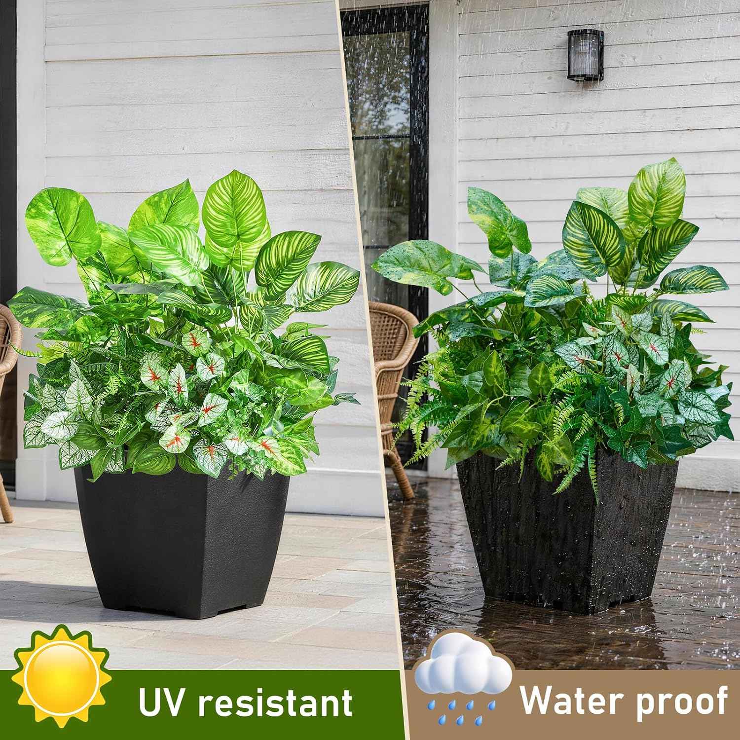 12 Bundles Artificial Plants Outdoor, UV Resistant Greenery | Large faux greenery stems for outside planters, porch, window box and patio garden decor. Maintenance free, pot not included