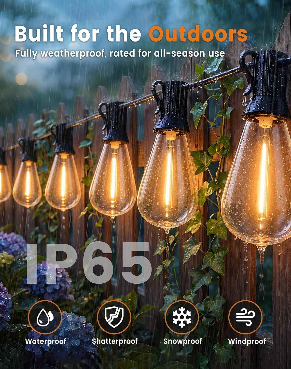 Outdoor String Lights 110FT(100+10) Waterproof, 50 LED S14 Shatterproof Edison Bulbs, 2FT Spacing, Extension Cord, Connectable Plug in Hanging Patio Lights for Outside, Backyard, Warm White