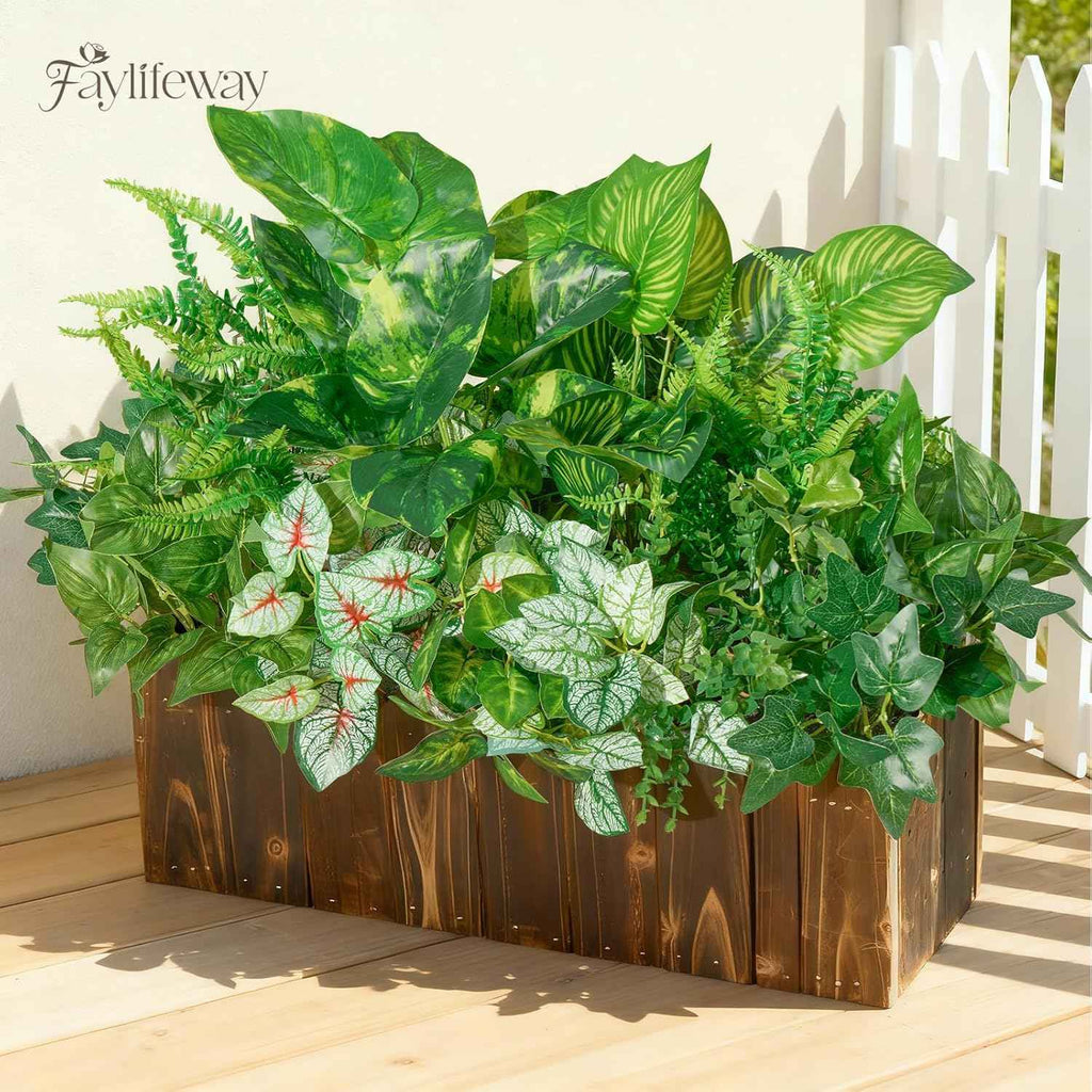 12 Bundles Artificial Plants Outdoor, UV Resistant Greenery | Large faux greenery stems for outside planters, porch, window box and patio garden decor. Maintenance free, pot not included
