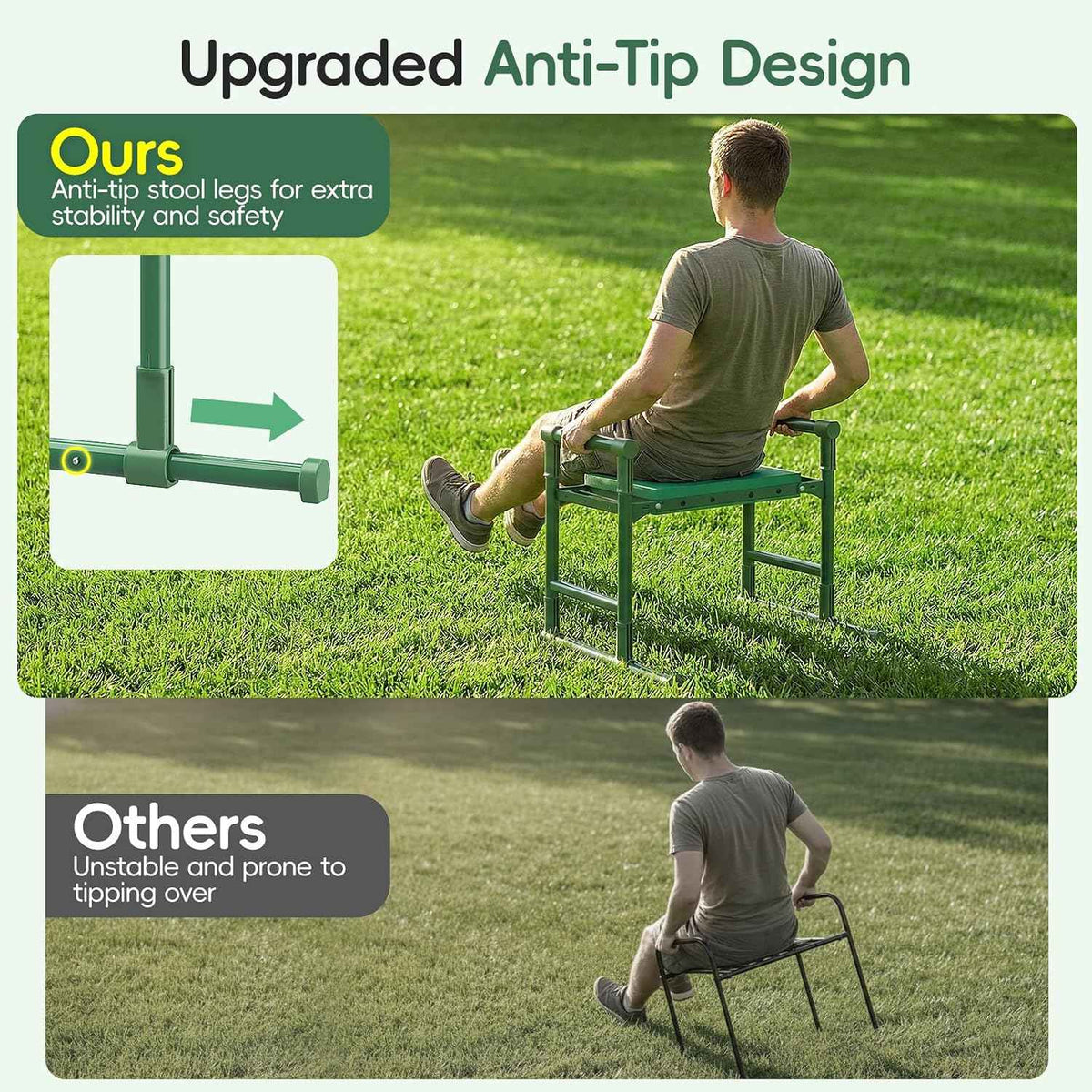 Housolution Garden Kneeler and Seat with Anti-Tipping Extendable Legs | Foldable and Portable Garden Stool with 2 Tool Bags, Thick Soft Kneeling Pad, Gardening Gifts for Women Men Seniors, Green