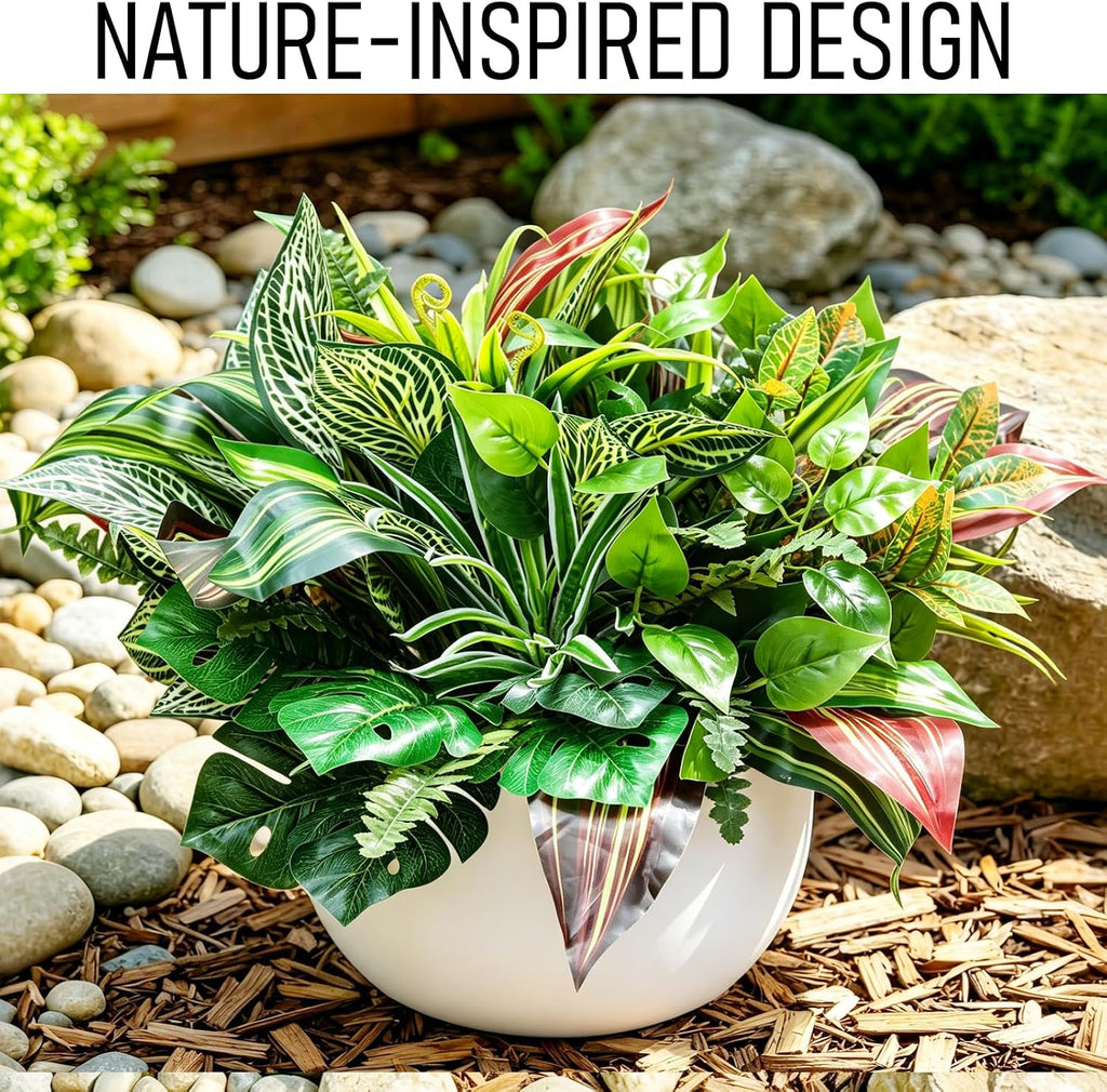 18 Bundles Artificial Greenery Plants Outdoor UV Resistant Fake Plastic Leaves with Stems Faux Bushes Shrubs for Porch Patio Window Box Garden Indoor Outside Decor