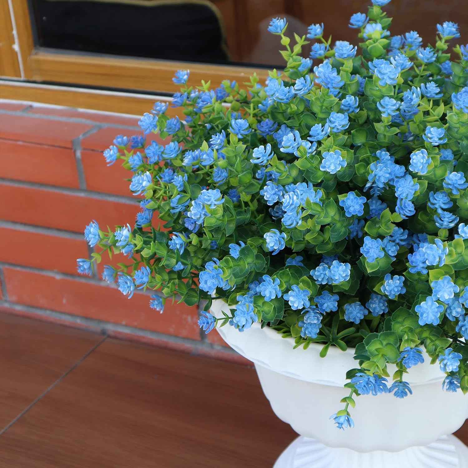 No Fade Artificial Flowers Outdoors, 16 Bundles Realistic Floral Greenery Plants UV-Anti Plants Fake Boxwood for Outdoor Indoor Home Garden Porch and Window Box Décor – Blue