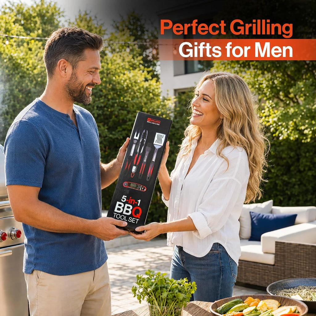 5PCS Grilling Tools for Outdoor Grills - Premium Grilling Utensil Set - Spatula, Tongs, Fork, Thermometer & Brush with Carrying Bag - BBQ Grill Sets for Men - BBQ Grill Accessories Gifts