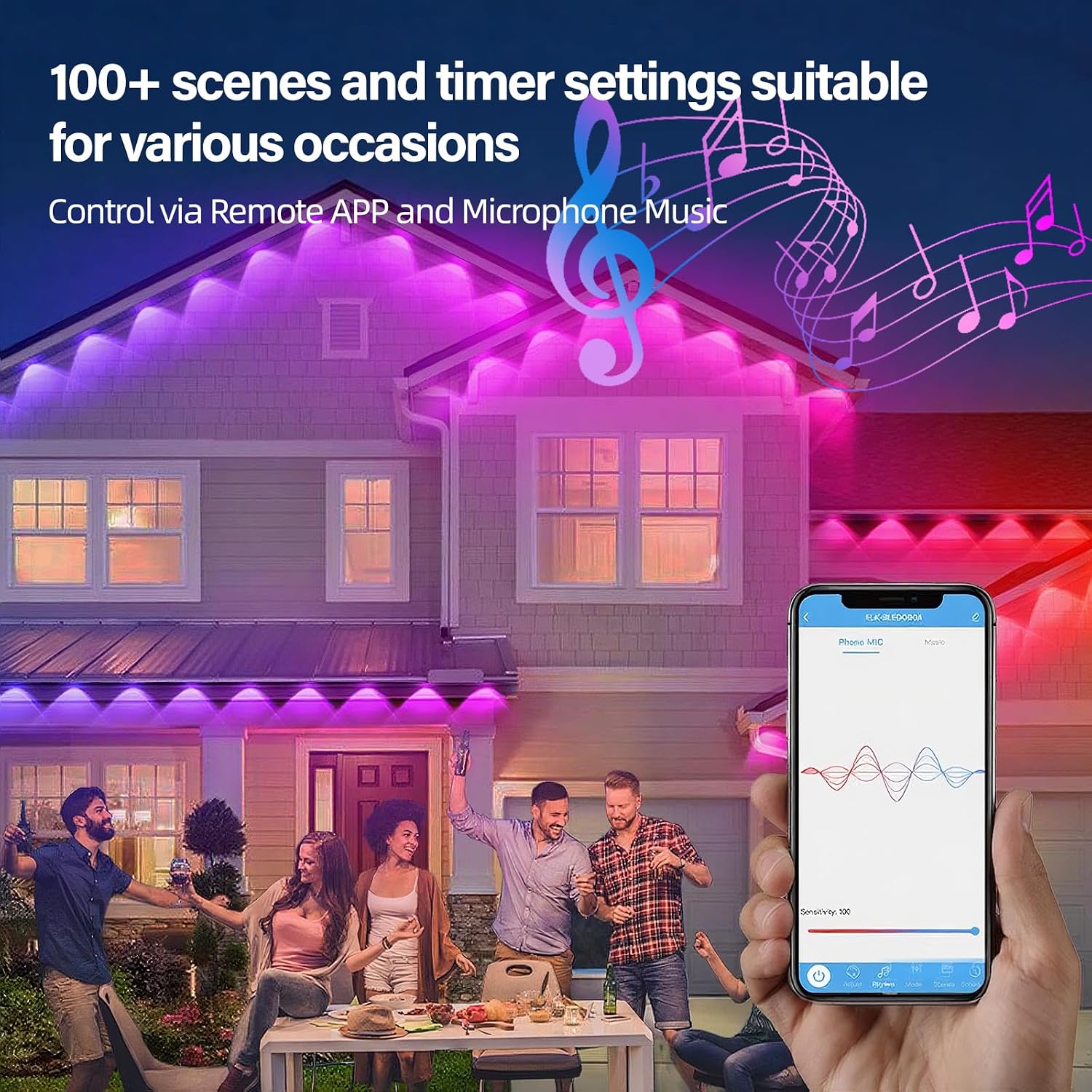 AHAWILL IP67 Permanent Outdoor RGB Lights for Halloween Decor(100ft) | Waterproof outdoor string eaves lights with remote&APP, 100ft 48led,Accent Lighting for Christmas Decor