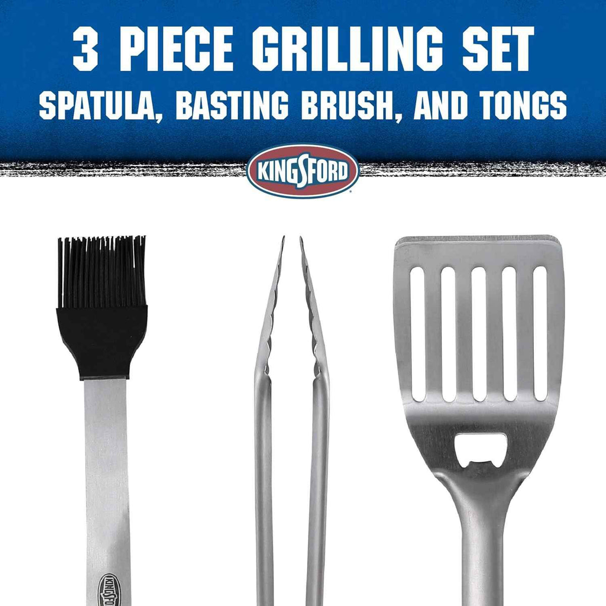 Kingsford 3-Piece Rust-Resistant Stainless Steel BBQ Tool Set, 3 Count | Rust-resistant stainless steel, spatula tongs and basting brush, outdoor grilling and cooking