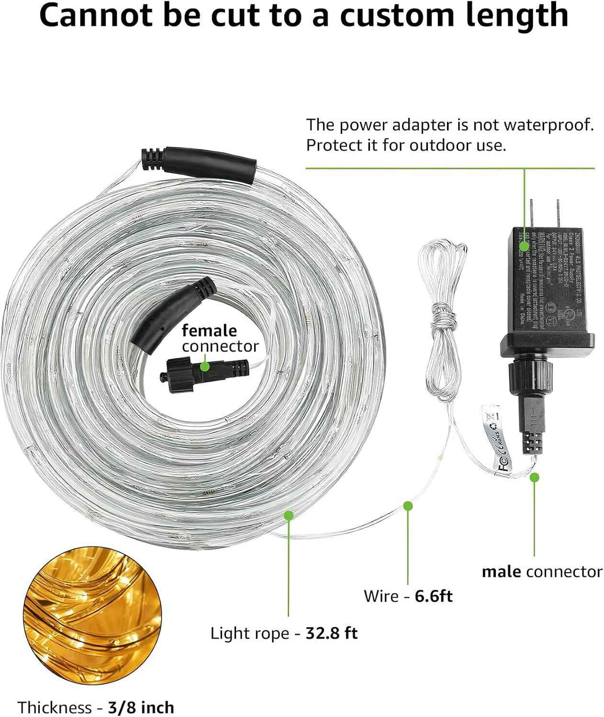 Lighting EVER 33ft 240 LED Rope Lights Outdoor Waterproof, 2700K Warm White | 24V Low Voltage, Linkable Connect up to 3 Sets, Classic 3/8" Clear Tube, Plug in Outside Lights for patio deck, Not Cuttable