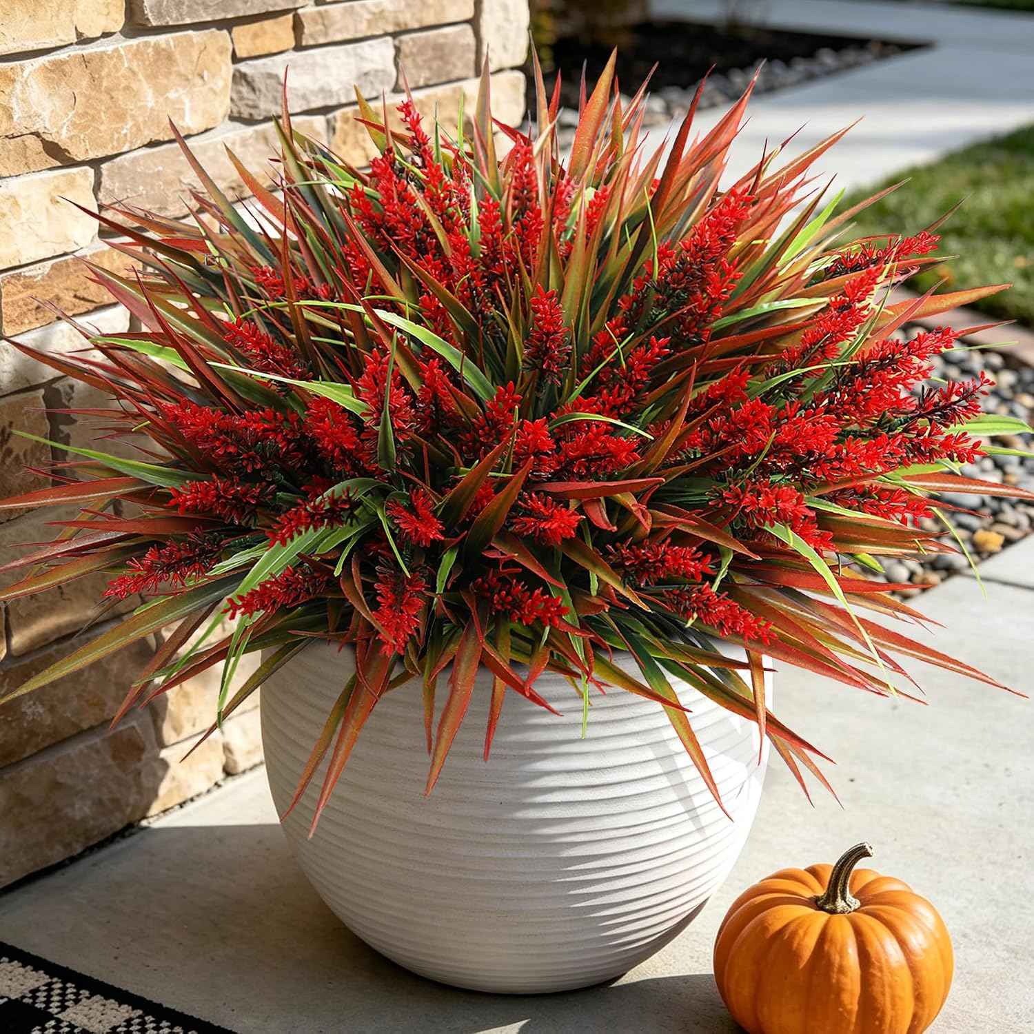 Fake Plants with Artificial Lavender Flower for Outdoor Porch Fall Decor | 12 Pcs UV Resistant Faux Greenery with Realistic Gradient Grass Waterproof for Patio Window Box Yard Outside Decoration