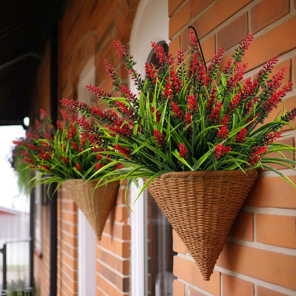 Artificial Flowers for Outdoor Plants 24Bundles Fake Lavender UV Resistant | Realistic Plastic Faux Monkey Grass for Greenery Outdoor Artificial Plants Garden Patio Front Porch for Decor (Red)