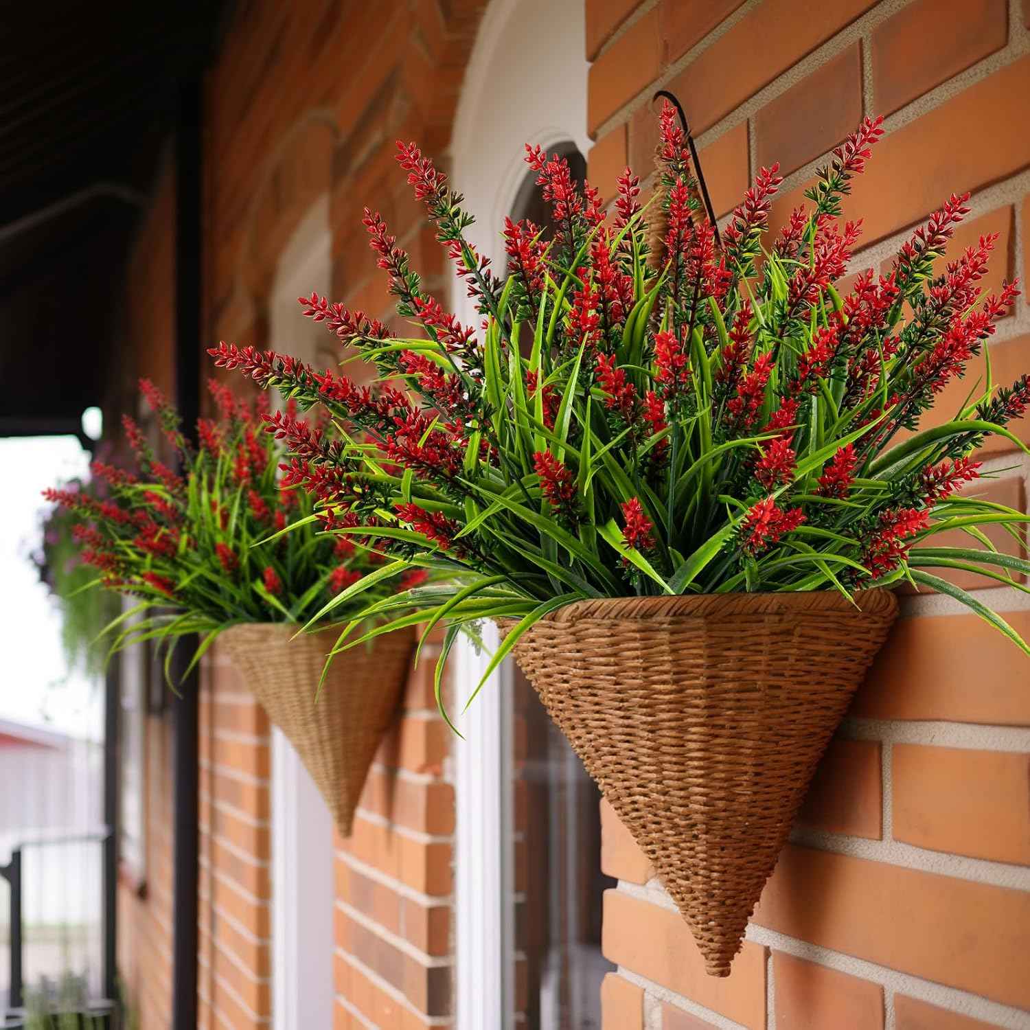 Artificial Flowers for Outdoor Plants 24Bundles Fake Lavender UV Resistant | Realistic Plastic Faux Monkey Grass for Greenery Outdoor Artificial Plants Garden Patio Front Porch for Decor (Red)
