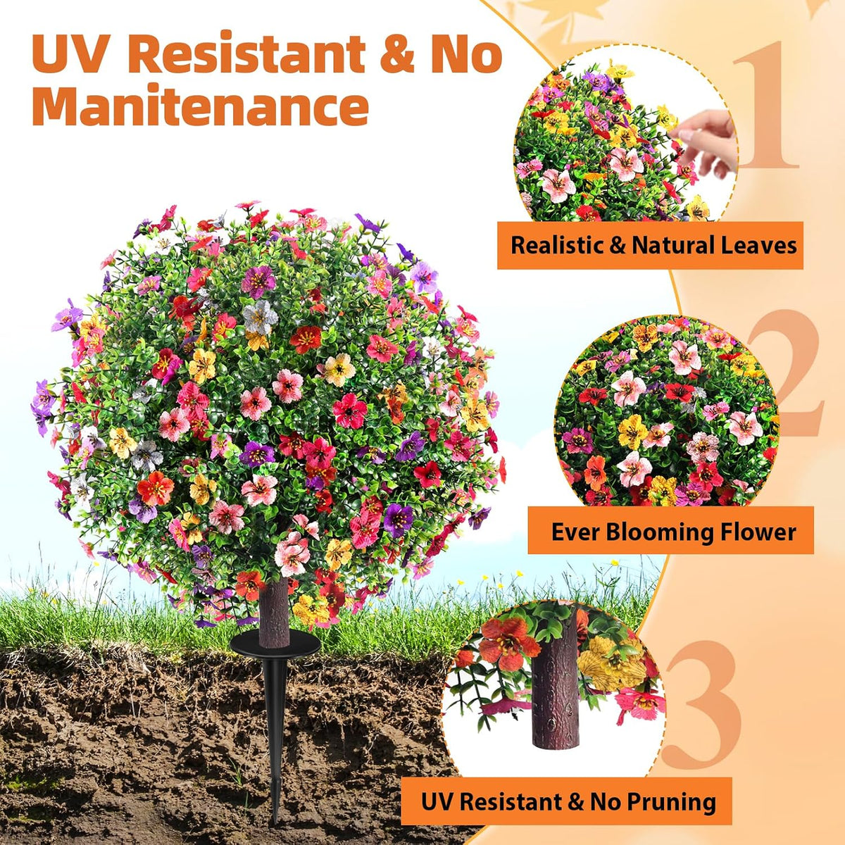 27.5" Artificial Flowers Boxwood Topiary Ball Tree Set of 2, UV Resistant Fake Bushes Shrubs with Ground Spike, Faux Evergreen Tree for Front Porch Outdoor Garden Decor