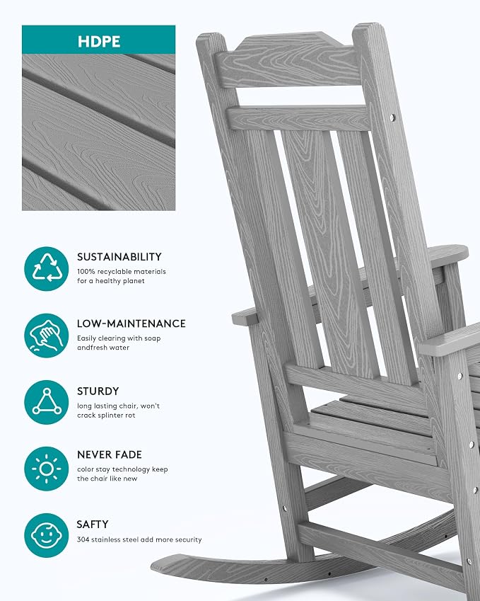 SERWALL Oversized Rocking Chair Outdoor, HDPE Outdoor Rocking Chair, Space Gray - Image 3