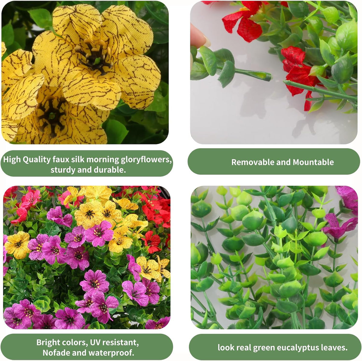 Artificial Flowers for Indoor & Outdoor Decoration - 12 Bundles Faux Daisies with Eucalyptus Leaves Fake Greenery for Garden, Home, Porch, Patio, Boxwood (12 Pcs Mix Pink Red Purple Yellow)