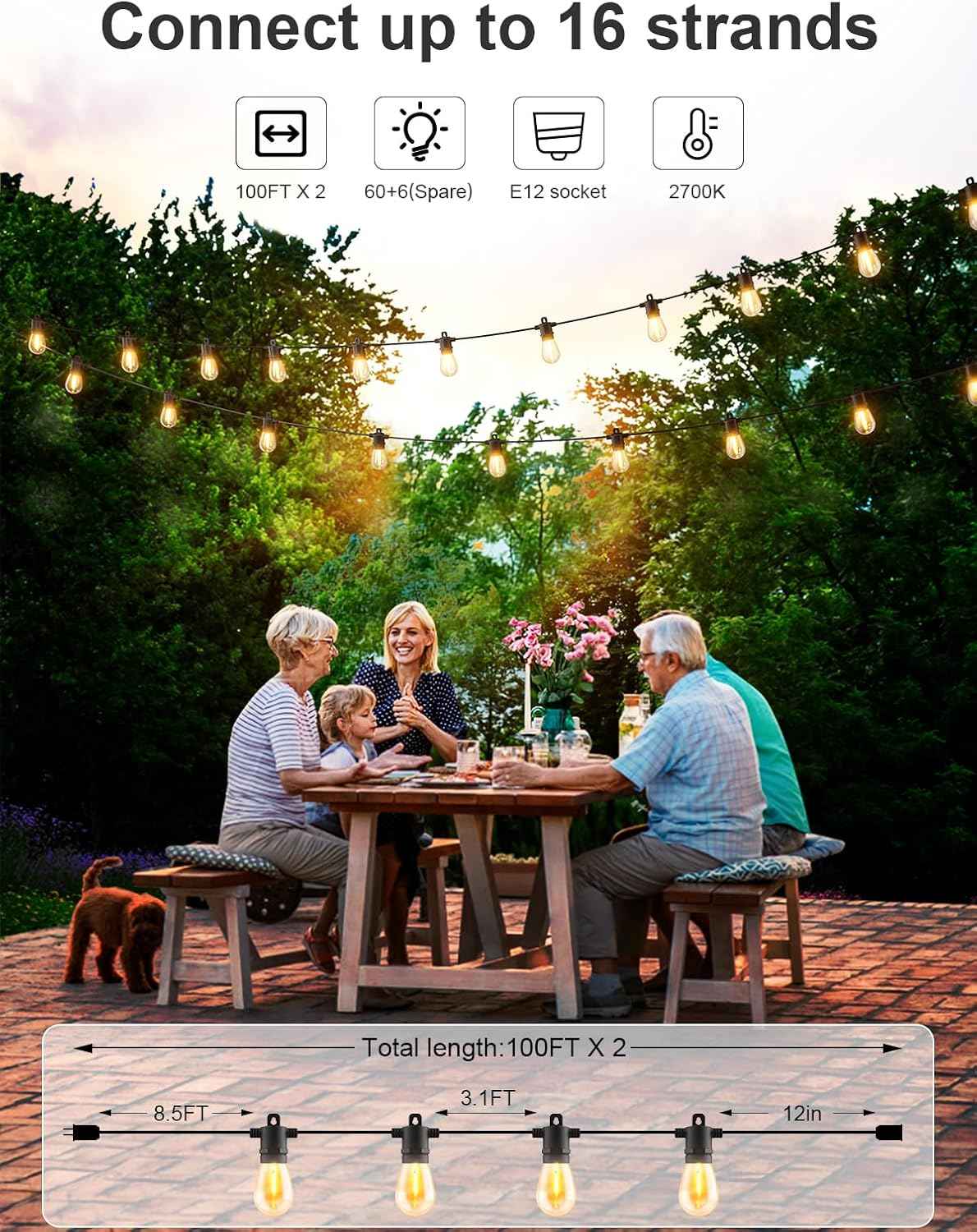Svater 200 FT Outdoor String Lights, Patio Lights for Outside Waterproof | Shatterproof IP65 LED Bulbs, Commercial Hanging Light for Bistro Cafe Backyard Porch Dimmable, 2700K (100 FT *2)