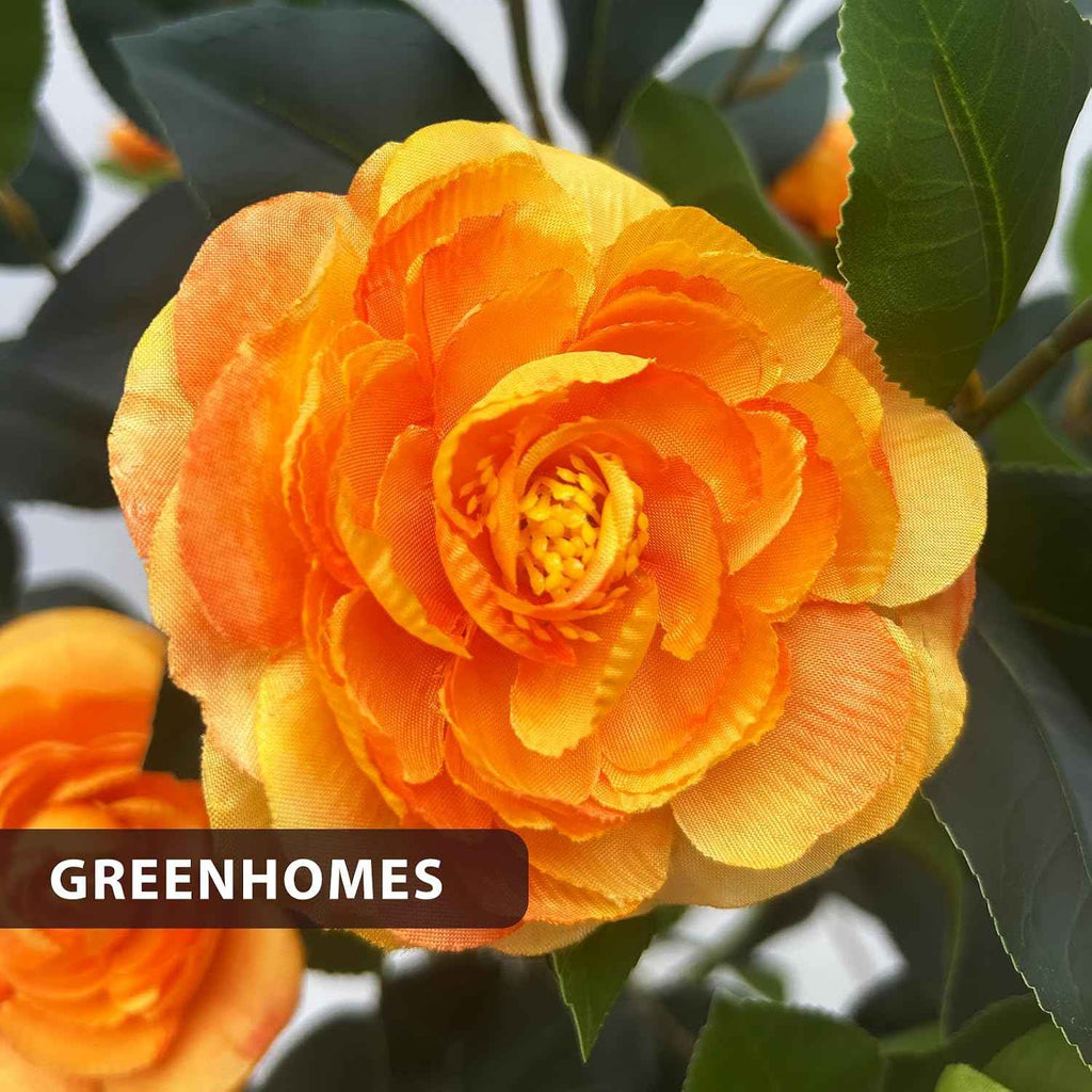 2 Pack Artificial Camellia Tree, 3FT Faux Flowering Camellia Plant Indoor Outdoor, Realistic Silk Artificial Flower in Planter, Greenery Faux Fake Tree Plant for Home Office Porch Patio Decor, Orange