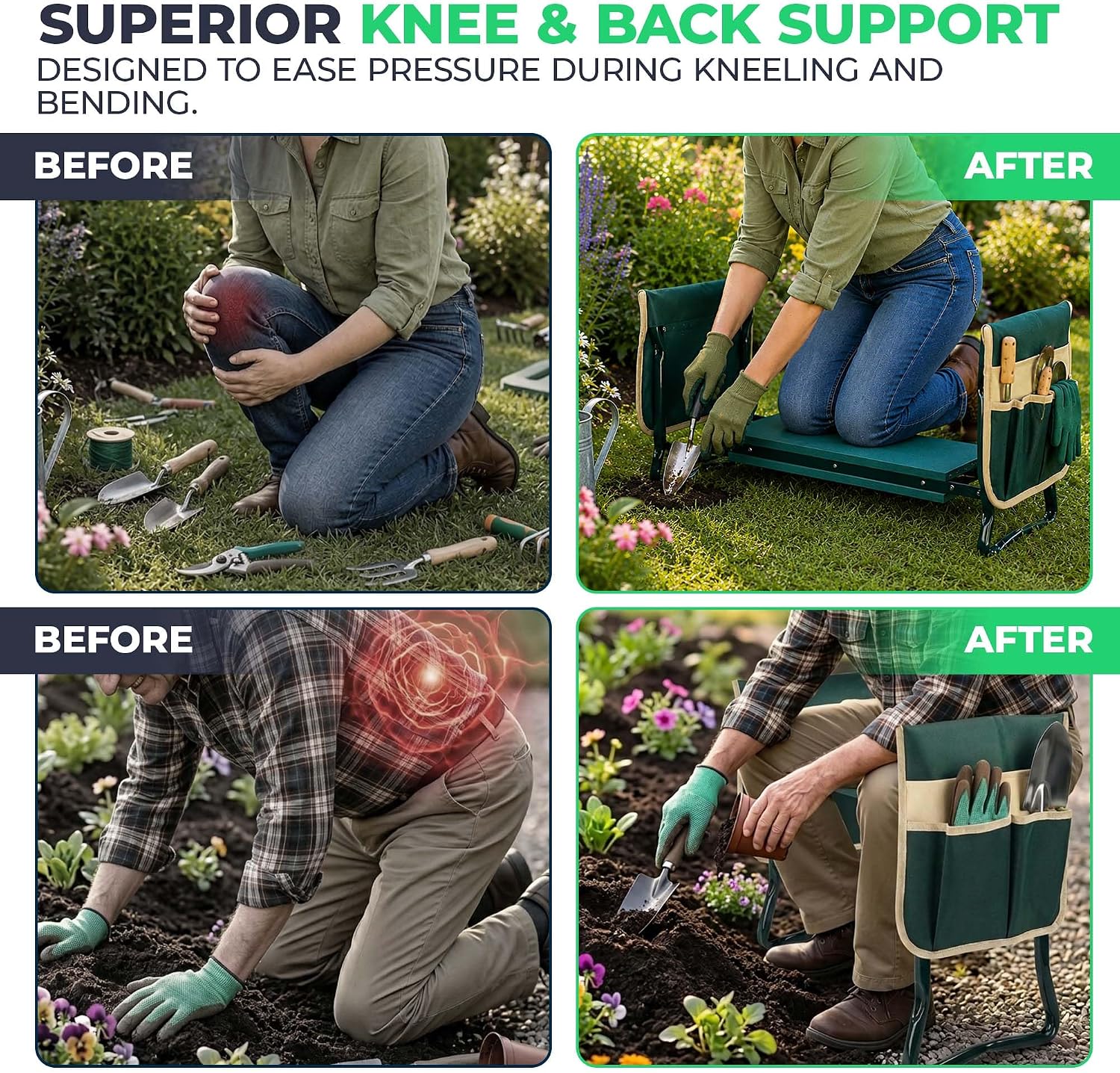 Flora Foldable Garden Kneeler and Seat – Heavy Duty Gardening Bench with Extra-Wide Soft Pad & 2 Tool Pouches – Durable Steel Frame Supports 330lbs, Perfect Gardening Gifts for Seniors, Women & Men