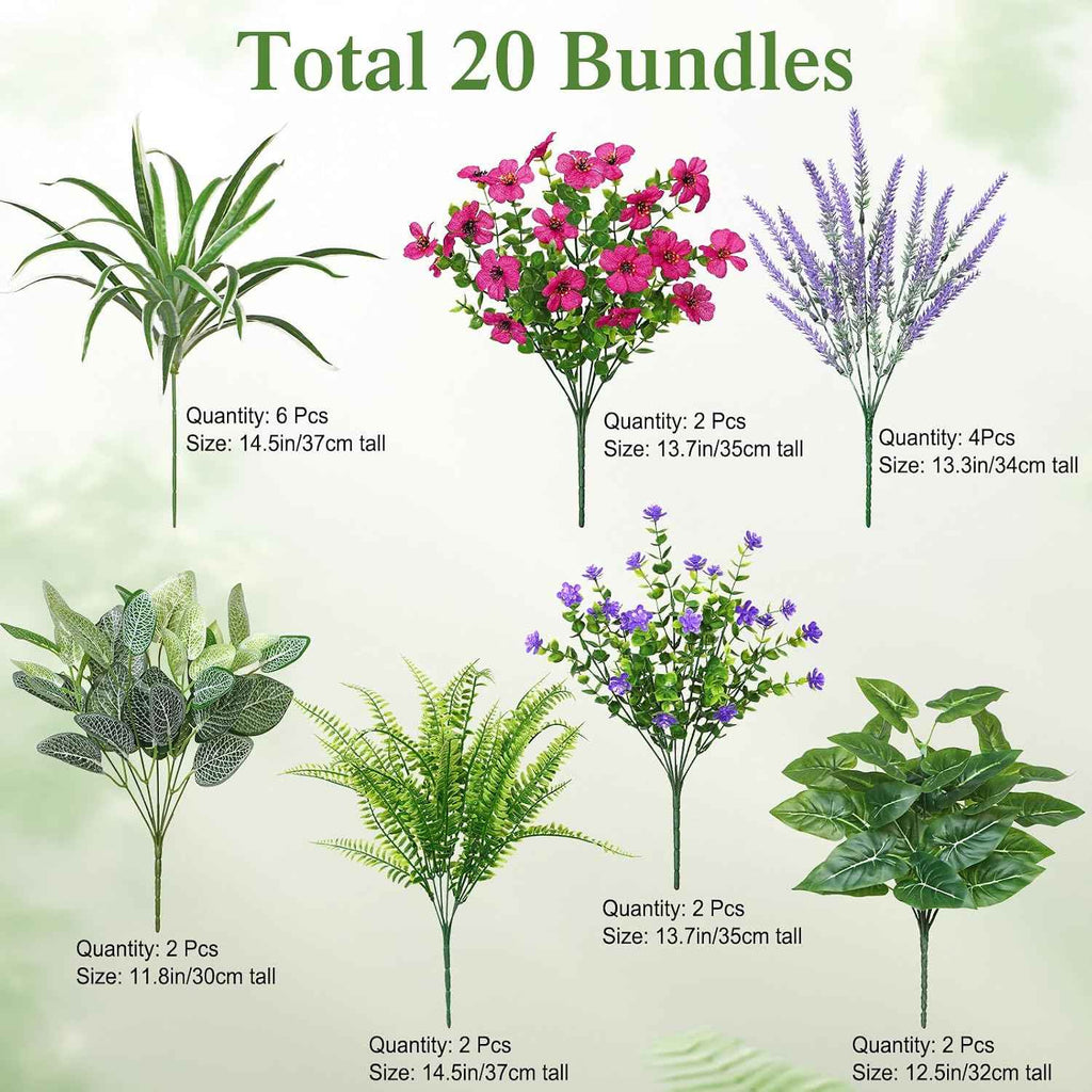 20 Bundles Artificial Plants Outdoor Fake Flowers Faux Greenery Stems | DEMIUKO UV Resistant Fake Ferns Shrubs Plastic Plants for Garden Patio Porch Yard Window Box Home Decor