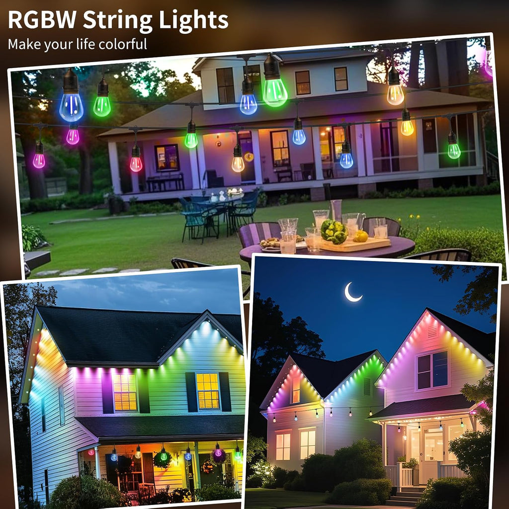 26FT Outdoor String Lights, Outdoor Lights for Patio,with 12+2 LED RGBW Color Change,3000K Bright White Waterproof Bulbs, Dimmer & Remote, Customized 12 Colors & 4 Modes, for Backyard Decor