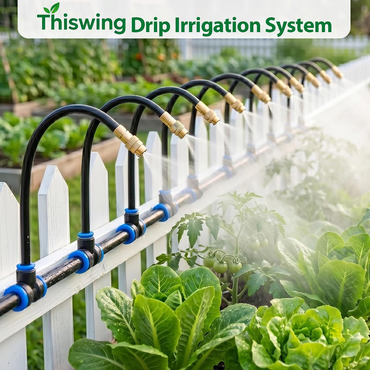 Thiswing 50FT 360° Adjustable Irrigation System for Garden | 1/4" Tubing, Automatic Watering Misting System with 15 Nozzles, Sprinkler for Garden, Yard, Lawn and Outdoor Plants