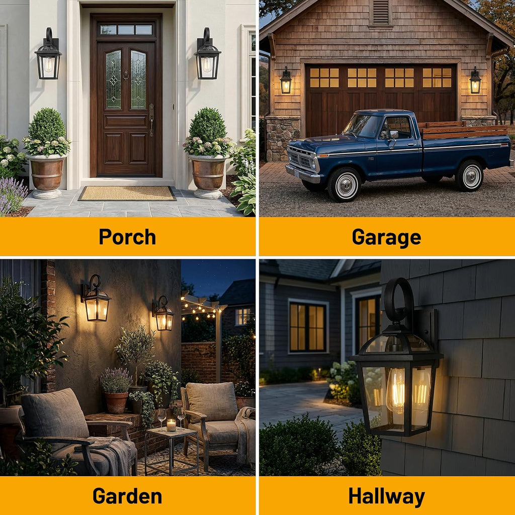 Front Porch Lights Outdoor Wall Lights Exterior Wall Sconce Light | Modern Farmhouse Outdoor Wall Lantern with Clear Glass, Weatherproof Aluminum Black Exterior Light Fixtures for Porch Patio