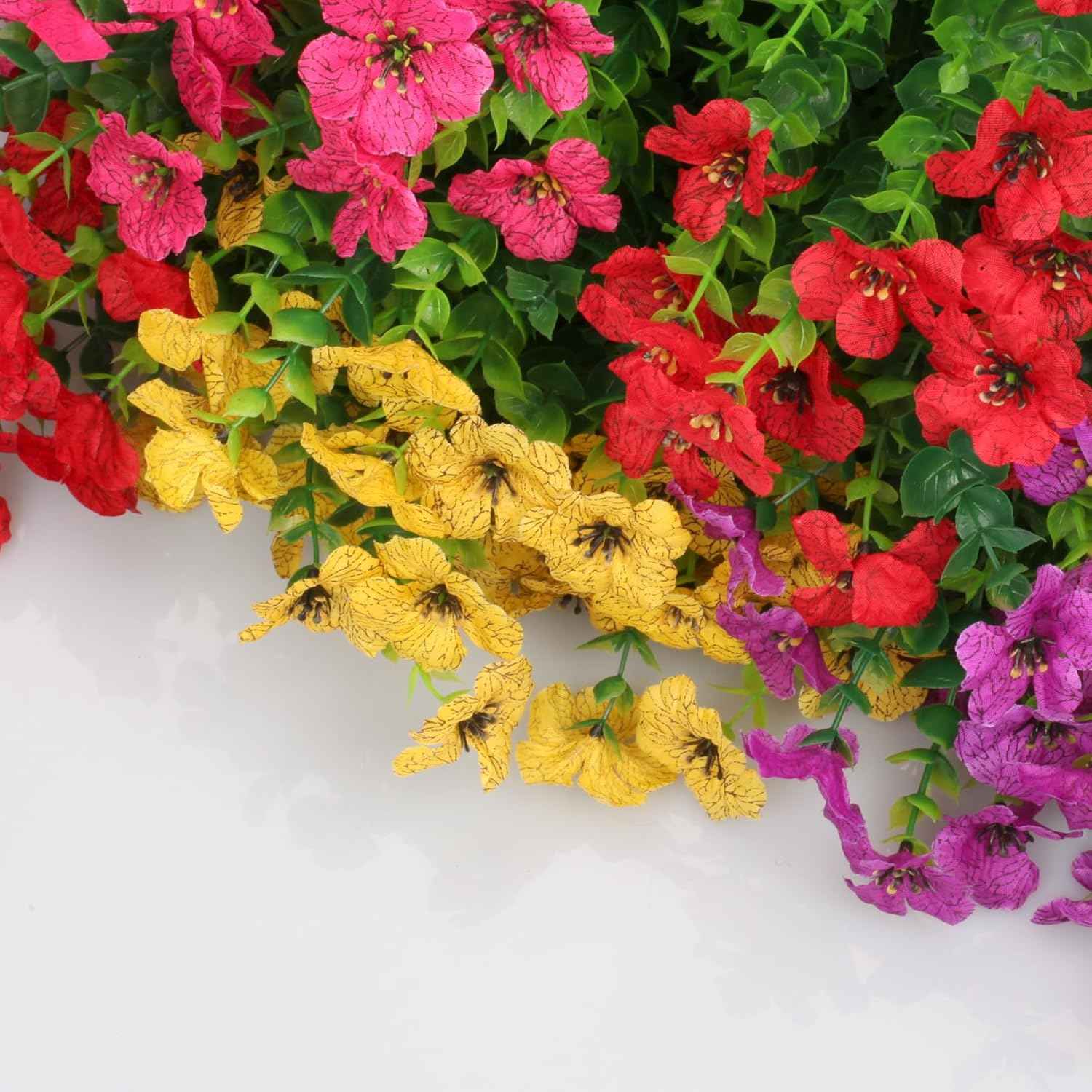 Artificial Flowers for Indoor & Outdoor Decoration - 12 Bundles Faux Daisies with Eucalyptus Leaves Fake Greenery for Garden, Home, Porch, Patio, Boxwood (12 Pcs Mix Pink Red Purple Yellow)