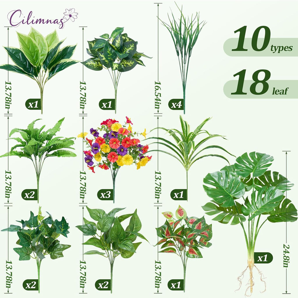 Artificial Plants Outdoor 18PCS UV Resistant Greenery&Flowers | Highly Realistic Faux Plant Outside with Stems for Front Proch Garden Patio Planters Window Boxes Home Decor