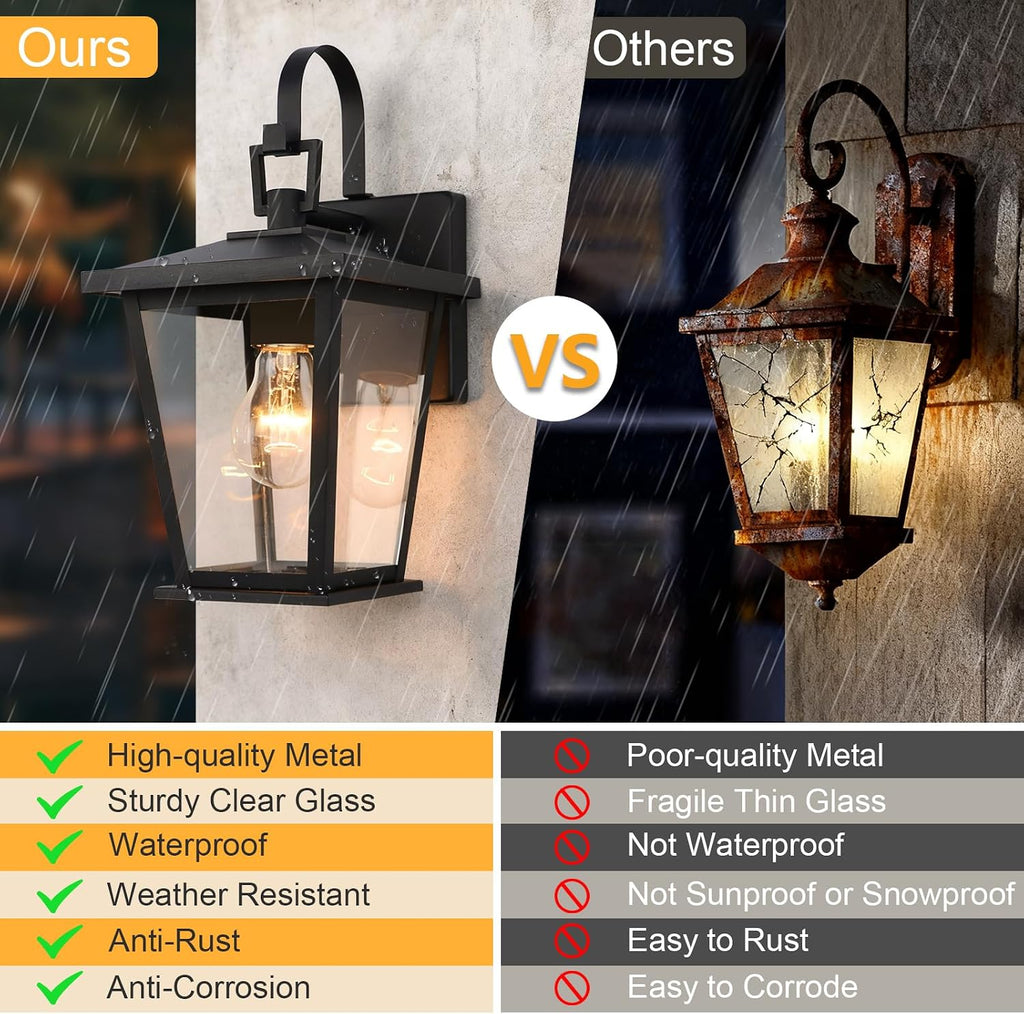 Kalium Outdoor Light Fixtures Wall Mount, Waterproof Exterior Wall Lanterns with Glass, Matte Black, Outside Wall Sconces, Front Porch Lighting for House Garage Doorway Patio 12.5 in