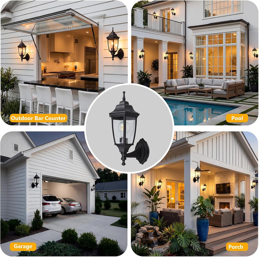 Dusk to Dawn Outdoor Light Fixture, E26 Outdoor Porch Light | Aluminum & Glass Photocell-Controlled Outdoor Wall Light E26 60W max, IP65 Waterproof ETL UL CSA Listed Wall Lantern, Black