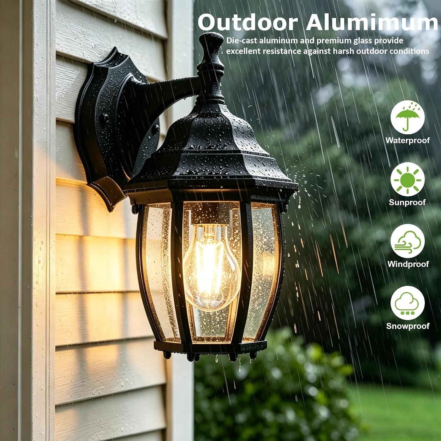 LIT-PaTH Outdoor Wall Light Fixture, Rustproof Aluminum Glass, Black | Large Exterior Porch Light Wall Sconce Lantern for House, Patio, Garage, Waterproof, E26 Socket 60W Max