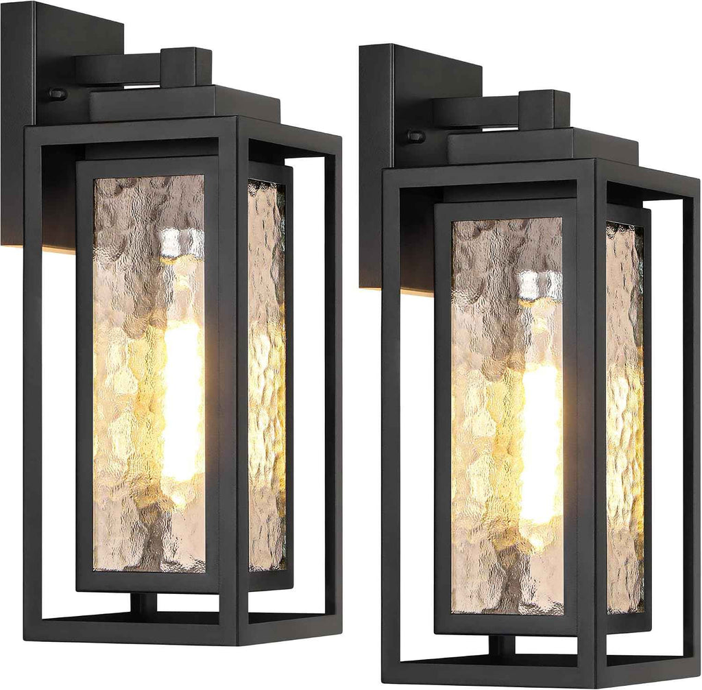 WIHTU 15.78'' Exterior Porch Light Fixture,Outdoor Wall Sconce Lights,Black | Water Ripple Glass , Rustproof Double Metal Frame, Waterproof. T30 Bulbs Included. 2 Packs, Outdoor & Indoor, For Porch