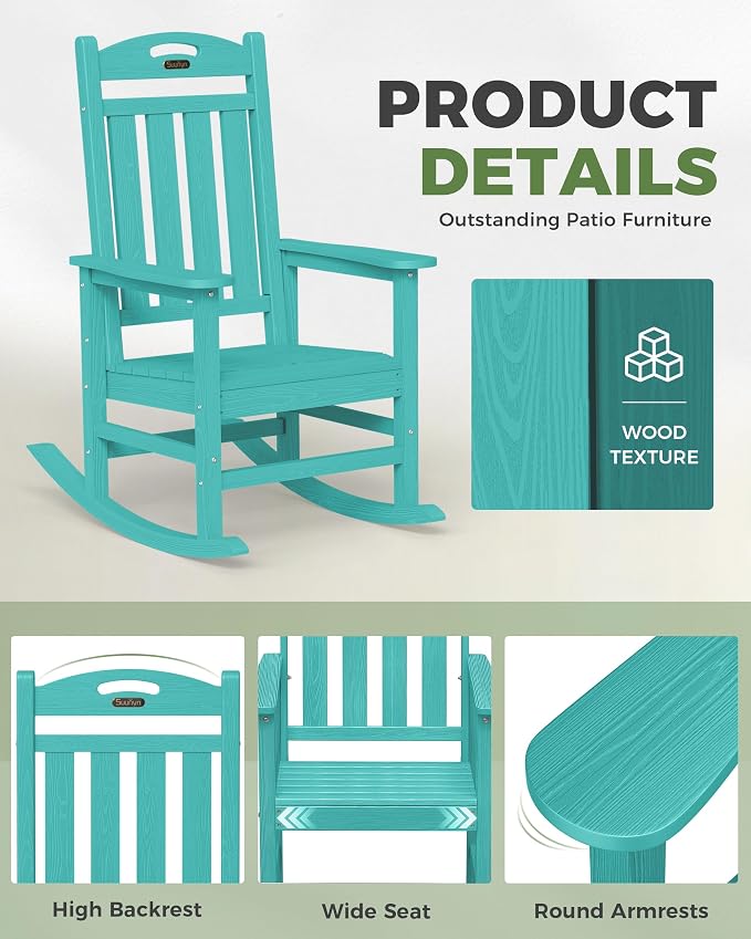Oversized Outdoor Rocking Chair, High Back Porch Rocker Chair, HDPE All Weather - Image 6